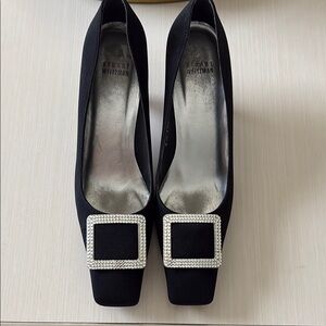 Stuart Weitzman Black Heels with Silver Stones Buckle